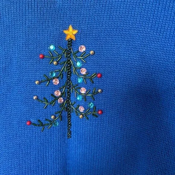 Berek Womens M Blue Ugly Christmas Cardigan Stacked Reindeer Pom Pom - Picture 5 of 6